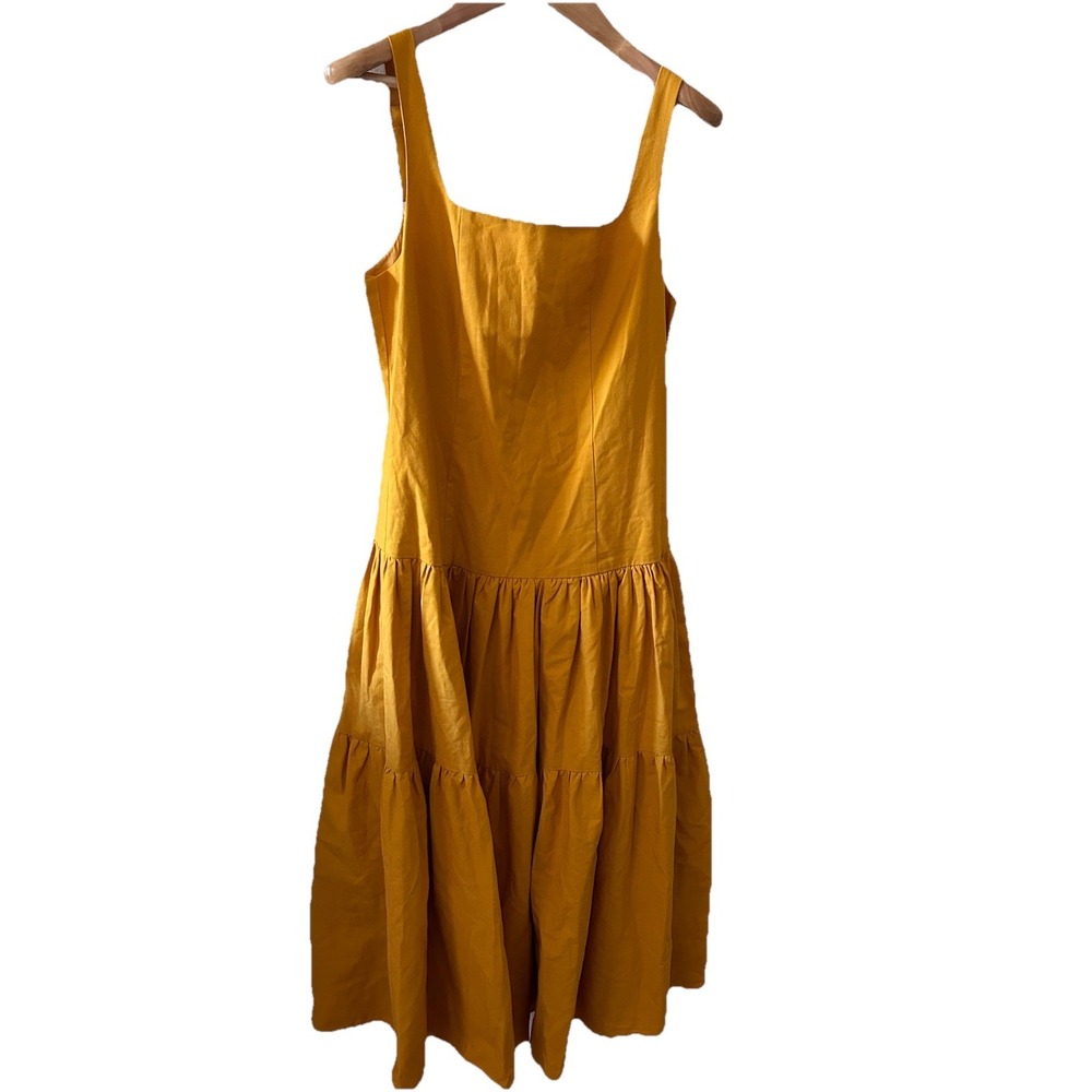 En Saison Mustard Yellow Tiered‎ Midi Dress Square Neck Adjustable Straps NWT